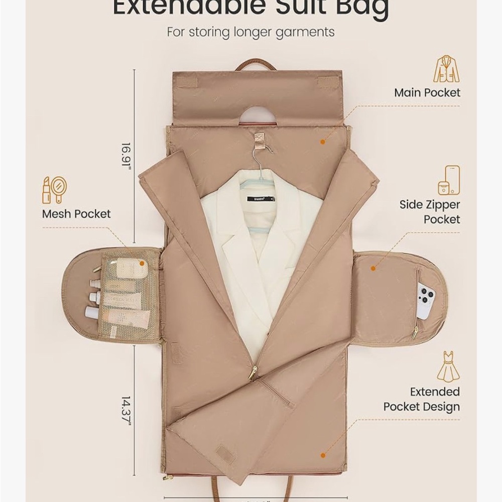 Tan Suit Bag with Extended Pocket Design